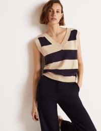 Boden V-neck Knitted Tank Top Navy/Oatmeal Melange Stripe / women’s striped sleeveless sweater vests / womens stylish autumn tanks