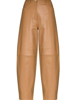 Wandler Chamomile high-waist trousers in camel brown ~ women’s leather fashion at FARFETCH ~ barrel leg - flipped