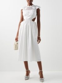 SELF-PORTRAIT Cutout cotton-poplin and guipure lace midi dress in white – feminine side cut out occasion dresses – MATCHESFASHION