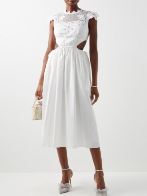 SELF-PORTRAIT Cutout cotton-poplin and guipure lace midi dress in white – feminine side cut out occasion dresses – MATCHESFASHION