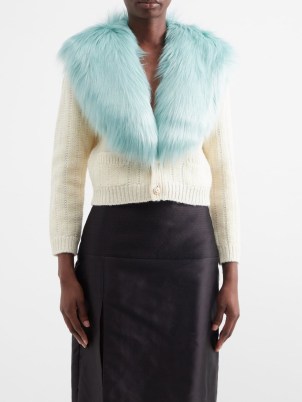 GUCCI Faux-fur wool-blend cardigan in ivory | glamorous vintage style cardigans | detachable oversized blue faux-fur collar | women’s designer knitwear | MATCHESFASHION - flipped