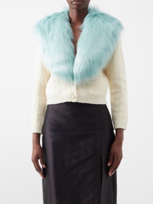 GUCCI Faux-fur wool-blend cardigan in ivory | glamorous vintage style cardigans | detachable oversized blue faux-fur collar | women’s designer knitwear | MATCHESFASHION