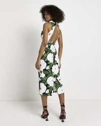 RIVER ISLAND WHITE FLORAL CUT OUT MIDI DRESS ~ green sleeveless high neck cut out dresses ~ women’s cutout back going out evening fashion