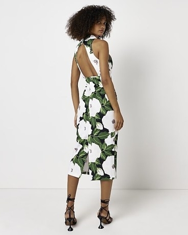 RIVER ISLAND WHITE FLORAL CUT OUT MIDI DRESS ~ green sleeveless high neck cut out dresses ~ women’s cutout back going out evening fashion - flipped