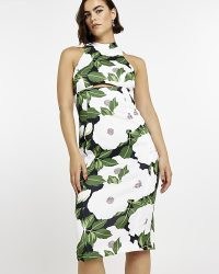 RIVER ISLAND WHITE FLORAL CUT OUT MIDI DRESS – green sleeveless high neck cutout dresses – open back evening fashion