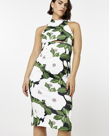 RIVER ISLAND WHITE FLORAL CUT OUT MIDI DRESS – green sleeveless high neck cutout dresses – open back evening fashion - flipped