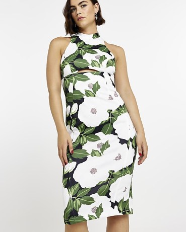 RIVER ISLAND WHITE FLORAL CUT OUT MIDI DRESS – green sleeveless high neck cutout dresses – open back evening fashion