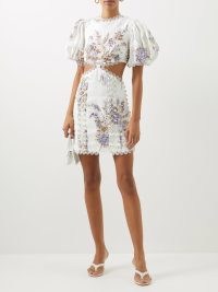 ZIMMERMANN Jude floral-print cutout linen-voile mini dress in white – puff sleeved cut out detail occasion dresses – scalloped edge – MATCHESFASHION – feminine fashion – short puffed sleeves