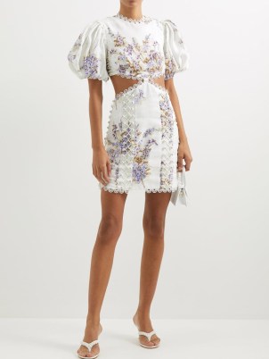 ZIMMERMANN Jude floral-print cutout linen-voile mini dress in white – puff sleeved cut out detail occasion dresses – scalloped edge – MATCHESFASHION – feminine fashion – short puffed sleeves - flipped