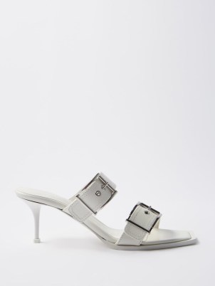 ALEXANDER MCQUEEN Punk 65 buckled leather sandals ~ white chunky strap mules ~ double buckle detail square toe stiletto heels ~ women’s designer shoes ~ MATCHESFASHION