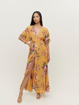 Reformation Winslow Dress in Anjelica / yellow floral print wrap dresses / wide kimono sleeve plunge front maxi dress / women’s occasion fashion / wedding guest outfits / tie waist / deep plunging V-neck - flipped