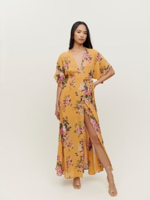 Reformation Winslow Dress in Anjelica / yellow floral print wrap dresses / wide kimono sleeve plunge front maxi dress / women’s occasion fashion / wedding guest outfits / tie waist / deep plunging V-neck