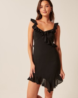 Abercrombie & Fitch Asymmetrical Ruffle Mini Dress Black – sleeveless ruffled sweetheart neckline dresses – lightweight georgette evening fashion – frill trimmed going out clothes - flipped