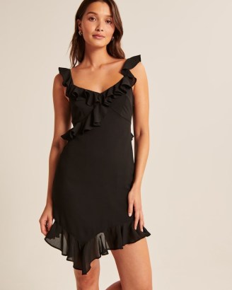 Abercrombie & Fitch Asymmetrical Ruffle Mini Dress Black – sleeveless ruffled sweetheart neckline dresses – lightweight georgette evening fashion – frill trimmed going out clothes
