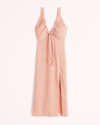 Abercrombie & Fitch Cinched Neck Slip Midi Dress in Light Brown Pattern | sleeveless plunge front thigh high split hem dresses