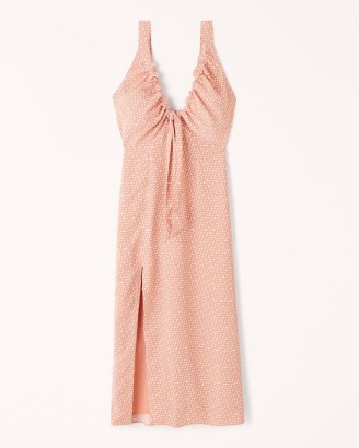 Abercrombie & Fitch Cinched Neck Slip Midi Dress in Light Brown Pattern | sleeveless plunge front thigh high split hem dresses - flipped