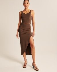Abercrombie & Fitch Elevated Ponte Midi Skirt in Brown ~ thigh high split hem skirts