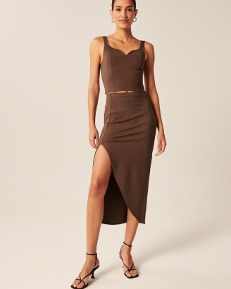 Abercrombie & Fitch Elevated Ponte Midi Skirt in Brown ~ thigh high split hem skirts - flipped