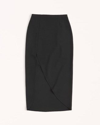 Abercrombie & Fitch Elevated Ponte Midi Skirt in Black | high cut-away slit hem skirts - flipped