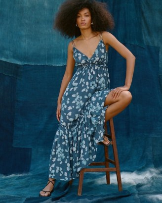 Abercrombie & Fitch Floaty Femme Ruffle Maxi Dress Blue Print – plunge front skinny shoulder strap frill trimmed dresses – floral ruffled detail fashion - flipped