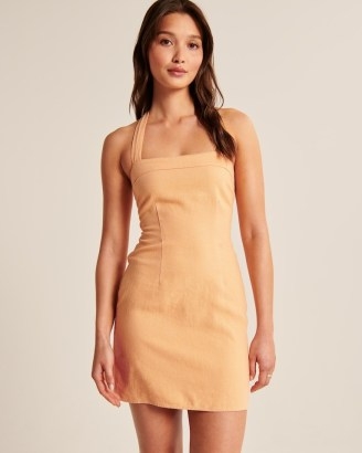 Abercrombie & Fitch Halter Linen-Blend Mini Dress – orange halterneck dresses - flipped