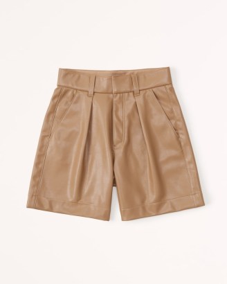 Abercrombie & Fitch 6 Inch Vegan Leather Tailored Shorts – women’s light brown luxe style faux leather shorts – pleated – high rise waist