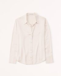 Abercrombie & Fitch Long-Sleeve Satin Button-Up Shirt in Cream ~ women’s soft satin relaxed-fit curved hem shirts ~ womens wardrobe essentials