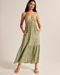 Abercrombie & Fitch Plunge Cutout Maxi Dress Olive Green Pattern – skinny strap cut out detail dresses – tiered hem – skinny shoulder straps