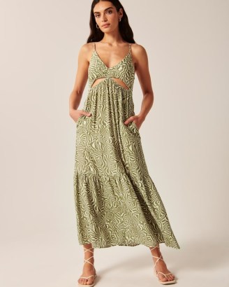 Abercrombie & Fitch Plunge Cutout Maxi Dress Olive Green Pattern – skinny strap cut out detail dresses – tiered hem – skinny shoulder straps - flipped