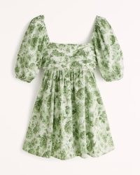 Abercrombie & Fitch Ruched Bodice Puff Sleeve Mini Dress in Green Floral ~ empire waist babydoll style dresses ~ square neck fit and flare