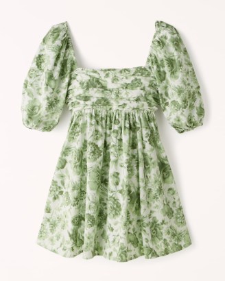 Abercrombie & Fitch Ruched Bodice Puff Sleeve Mini Dress in Green Floral ~ empire waist babydoll style dresses ~ square neck fit and flare - flipped