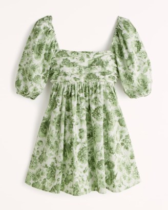 Abercrombie & Fitch Ruched Bodice Puff Sleeve Mini Dress in Green Floral ~ empire waist babydoll style dresses ~ square neck fit and flare