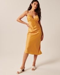 Abercrombie & Fitch Ruched Satin Slip Midi Dress in Dark Yellow ~ silky cami shoulder strap plunge front dresses