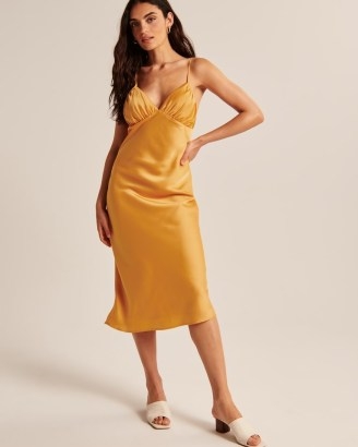 Abercrombie & Fitch Ruched Satin Slip Midi Dress in Dark Yellow ~ silky cami shoulder strap plunge front dresses - flipped