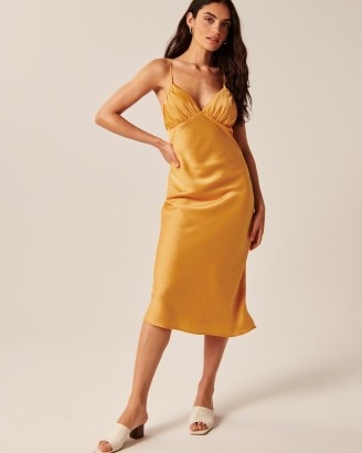 Abercrombie & Fitch Ruched Satin Slip Midi Dress in Dark Yellow ~ silky cami shoulder strap plunge front dresses
