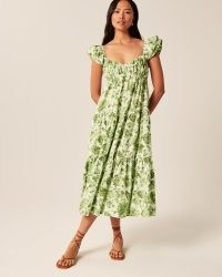 Abercrombie & Fitch Ruffle Sleeve Poplin Midaxi Dress in Green Floral ~ feminine flutter sleeved tiered hem dresses ~ women’s fashion with flower prints