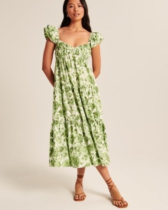 Abercrombie & Fitch Ruffle Sleeve Poplin Midaxi Dress in Green Floral ~ feminine flutter sleeved tiered hem dresses ~ women’s fashion with flower prints - flipped