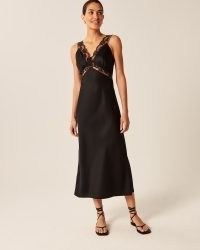 Abercrombie & Fitch Satin Slip Midi Dress in Black ~ sleeveless silky lace detail dresses