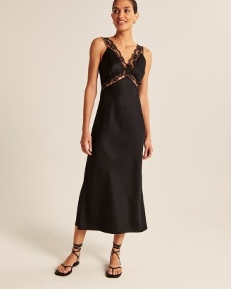 Abercrombie & Fitch Satin Slip Midi Dress in Black ~ sleeveless silky lace detail dresses - flipped