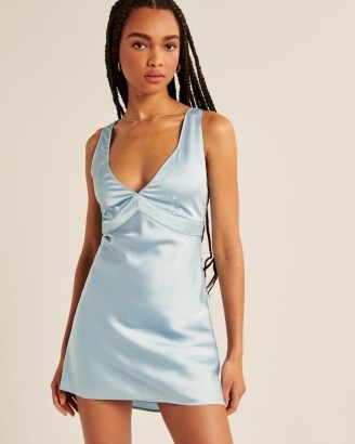 Abercrombie & Fitch Satin Slip Mini Dress Light Blue ~ sleeveless plunge front dresses - flipped