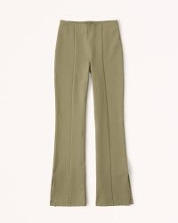 Abercrombie & Fitch Split-Hem Slim Flare Knit Pants in Olive ~ women’s green slit leg flares ~ womens seam detail flared trousers