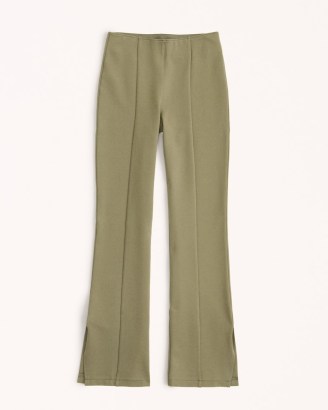 Abercrombie & Fitch Split-Hem Slim Flare Knit Pants in Olive ~ women’s green slit leg flares ~ womens seam detail flared trousers - flipped