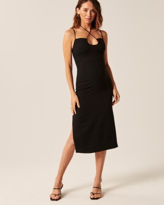 Aberbrombie & Fitch Strappy Halter Midi Dress in Black – spaghetti strap evening dresses – halterneck LBD - flipped