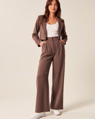 Abercrombie & Fitch Tailored Wide Leg Pants in Brown ~ women’s smart ultra high waist front pleated trousers - flipped