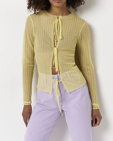 RIVER ISLAND YELLOW TIE FRONT CARDIGAN – women’s sheer cardigans - flipped