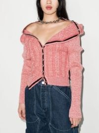 Y/Project ruffle-detail ribbed-knit cardigan in rose pink / necklace attached cardigans