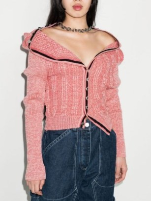 Y/Project ruffle-detail ribbed-knit cardigan in rose pink / necklace attached cardigans - flipped