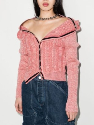 Y/Project ruffle-detail ribbed-knit cardigan in rose pink / necklace attached cardigans