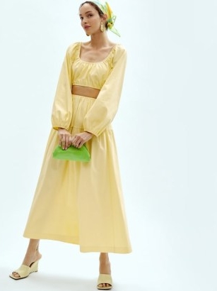 Reformation Yuli Two Piece in zest | yellow organic cotton crop top and midi skirt co-ord | women’s summer fashion sets | chic peasant style outfit
