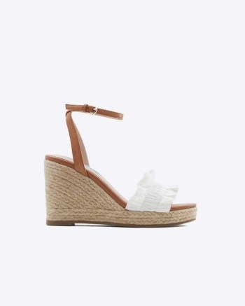 Draper James Abigail Espadrilles in White ~ ruffled front ankle strap wedges ~ brown leather frill detail wedged heels - flipped